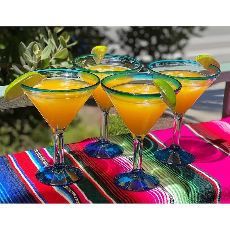 Dos Suenos Mexican Hand Blown Glass - Set of 4 Hand Blown Modern Margarita Glasses - Aqua Rim (12 oz)