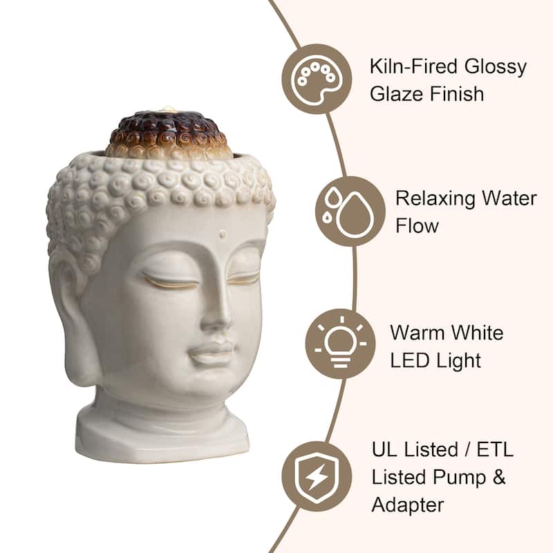 Glitzhome 18"H Zen-Style Buddha Head Ceramic LED Lighted Tabletop or Outdoor Floor Fountain