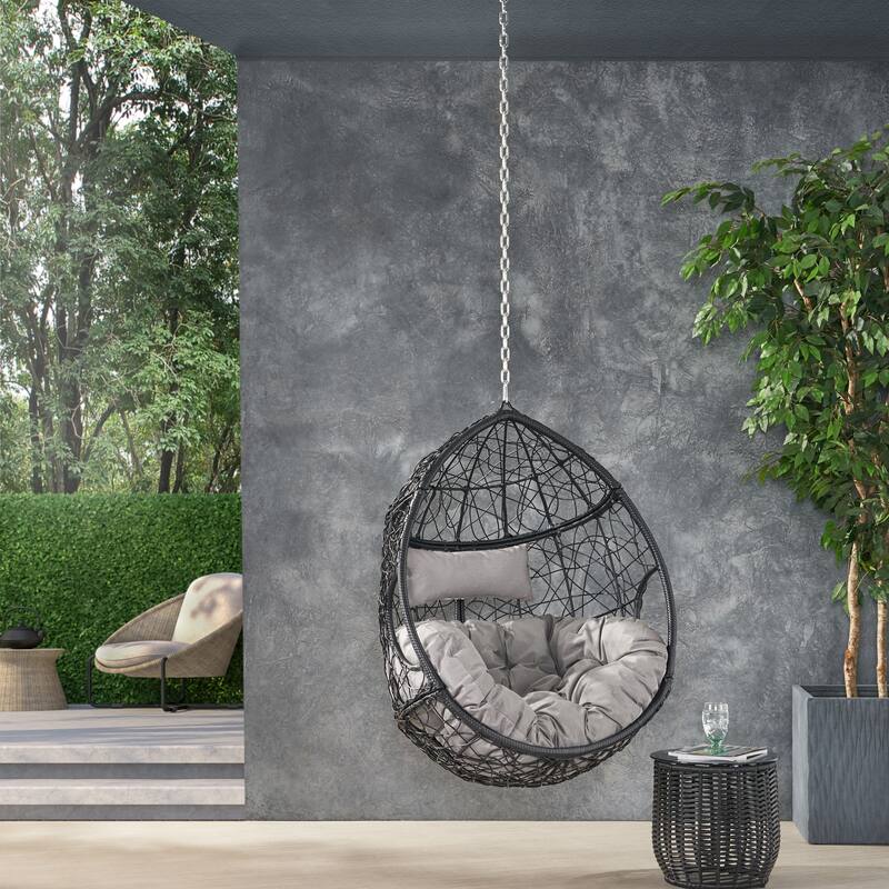 Modern Rattan Egg Chair with Water-Resistant Tufted Cushion, Teardrop Hanging Basket Chair, Wicker Swing Chair