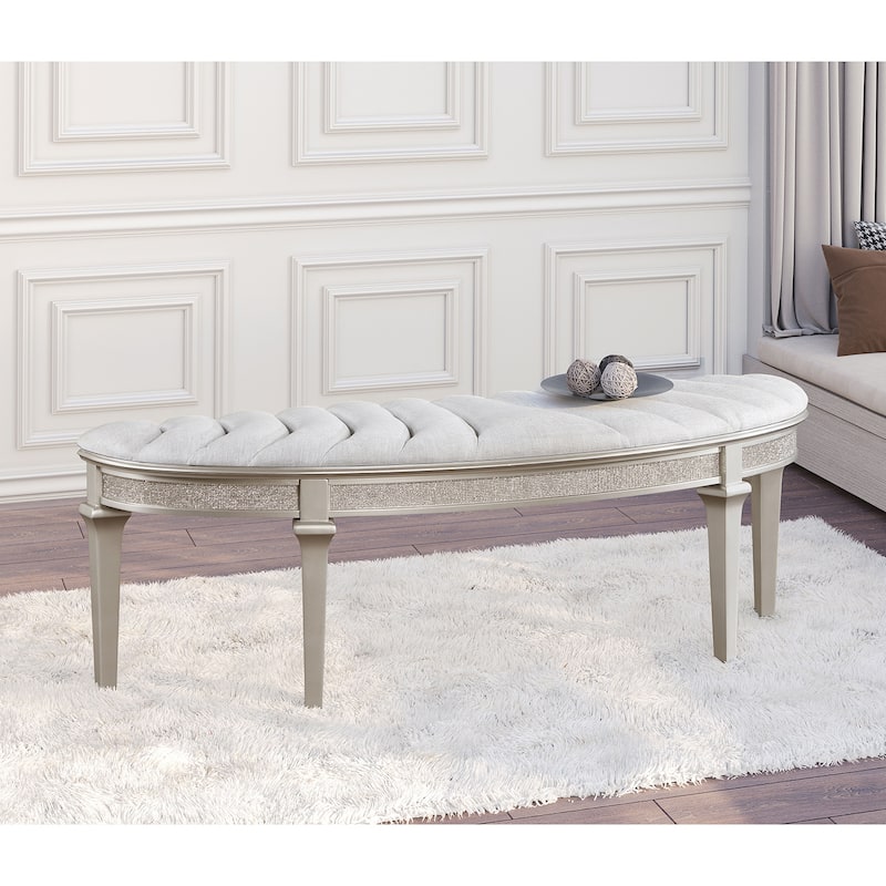 Upholstered Demilune Bench with Faux Diamond Trim in Silver and Ivory