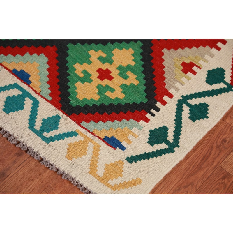 Hand Woven Oriental 100% Wool Carpet Southwestern Geometric Multi-Colored Kilim Runner Rug - 13' 2'' X 2' 9''