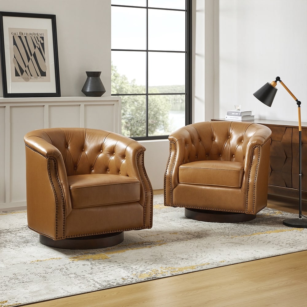 Max Traditional Chesterfield Rocker and Swivel Genuine Leather Chair with Nailhead Trims(Set of 2)