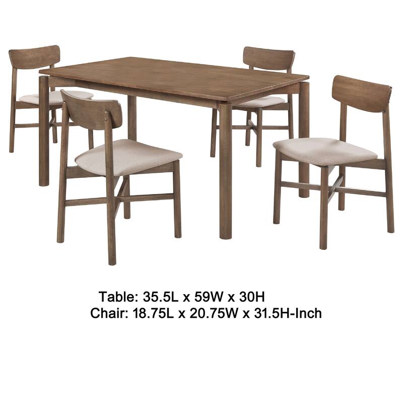 Rida 5pc Dining Table Set w 4 Upholstered Chairs, Natural Walnut Brown