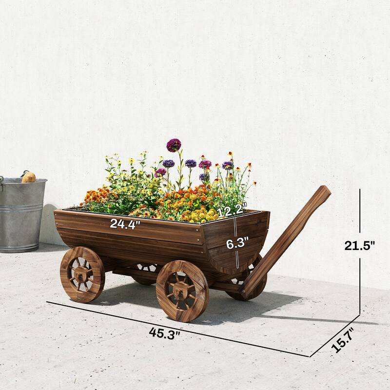 Outsunny Wooden Wagon Planter Box, Mobile Garden Planter with 4 Wheels and Handle, Small Wheelbarrow Wagon Flower Cart