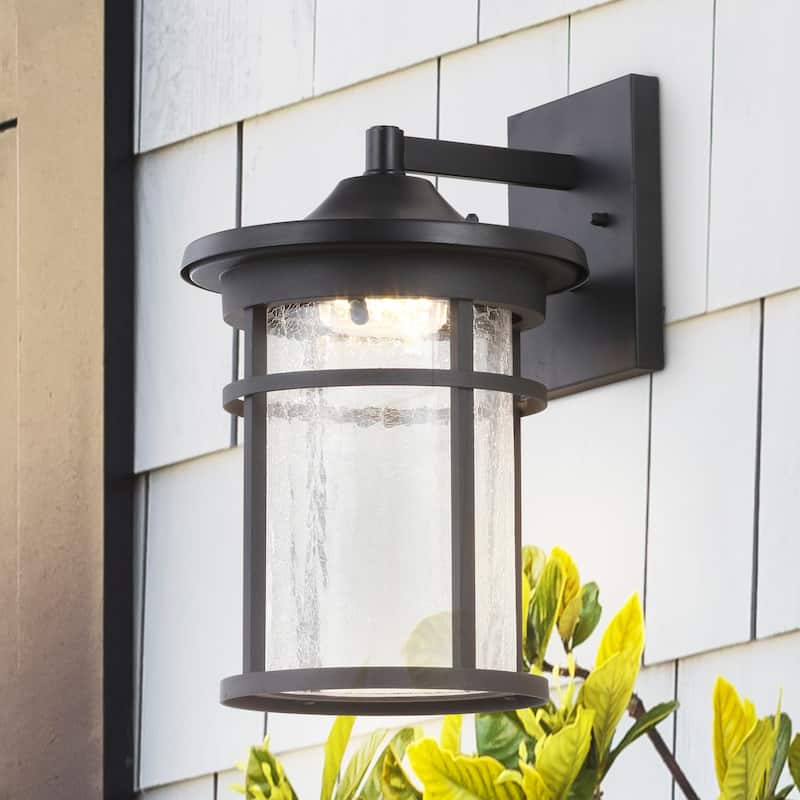 Minimo Outdoor Wall Lantern Crackled Glass/Metal Integrated LED Wall Sconce Black by JONATHAN Y - 10.25 inch