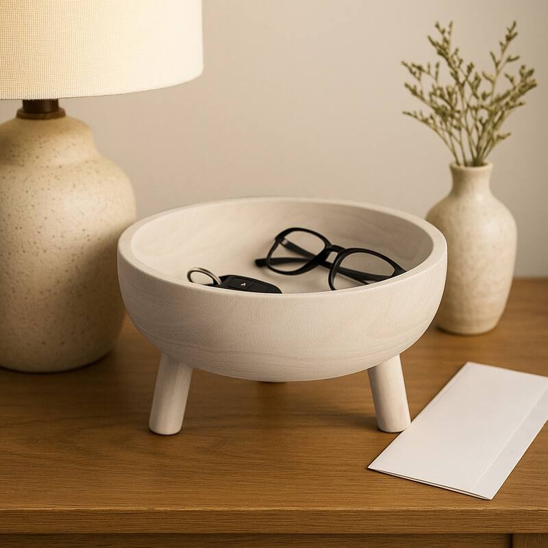 Round Wooden Bowl with Tripod Base for Home Decor - 11", White - White - 11.0"