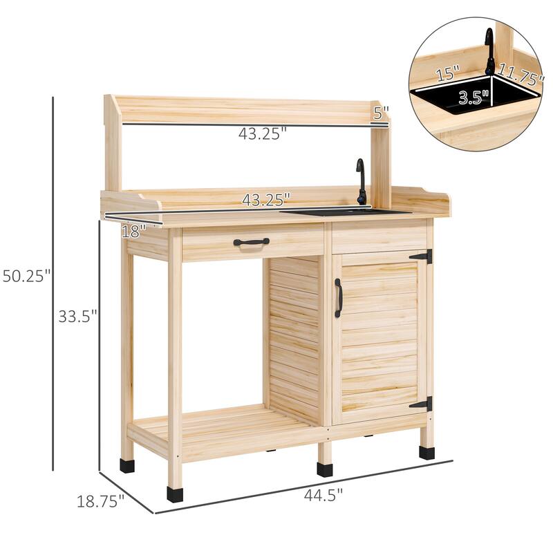 Outsunny Potting Bench Table with Faucet, Sink, Hooks and Storage Cabinet, Outdoor Prep Table Gardening Bench