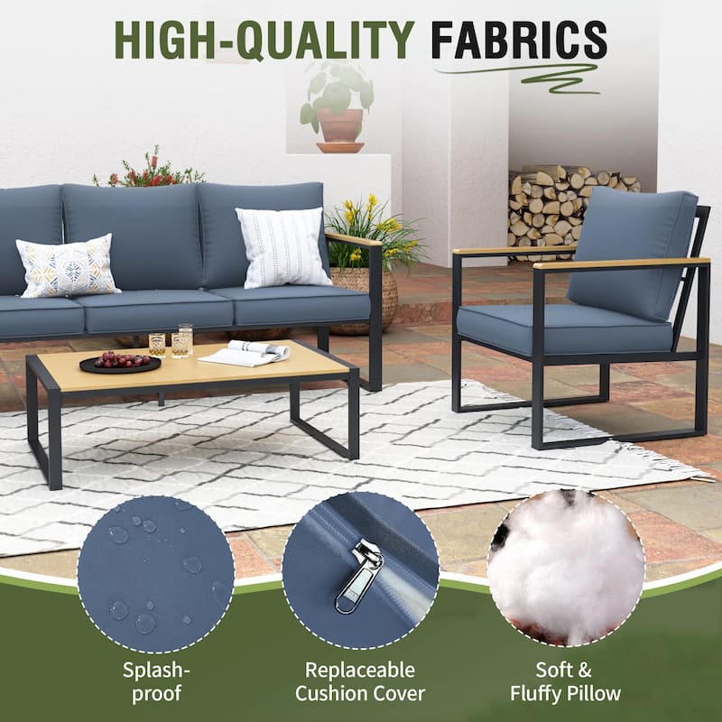 4-Piece Modern Outdoor Sofa Set - Iron Frame with Grey Cushions and Faux Wood Grain Coffee Table