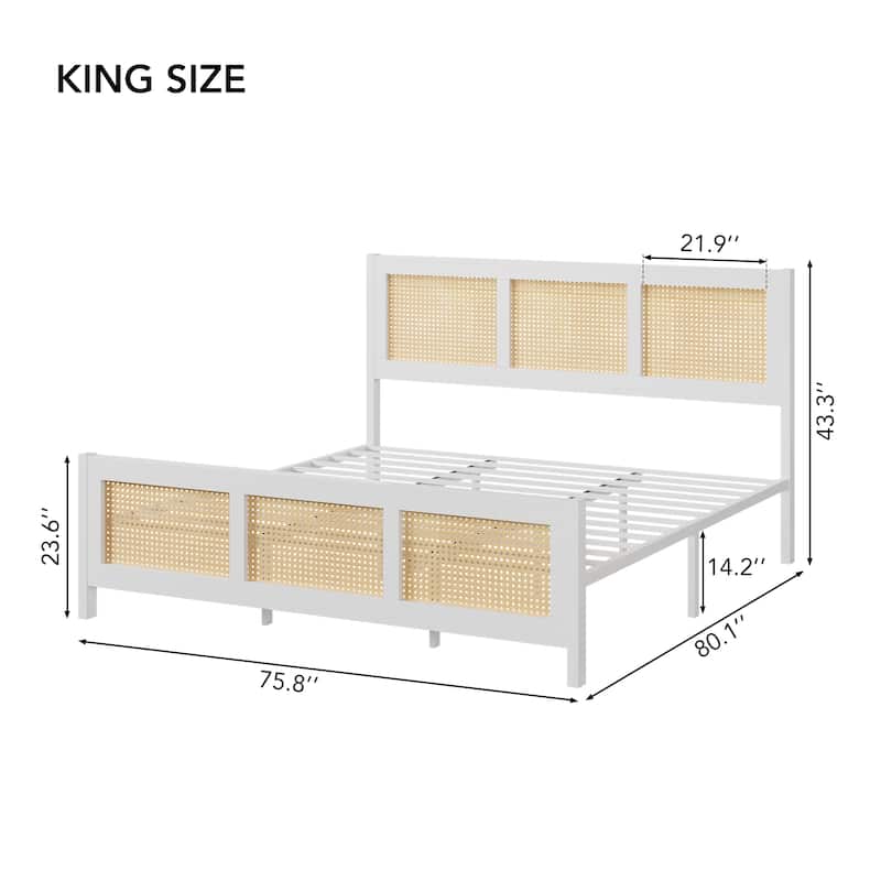 Rattan Bed Frame with Headboard, White Boho Cane Platform Bed Frame with Strong Metal Slat, Noise Free