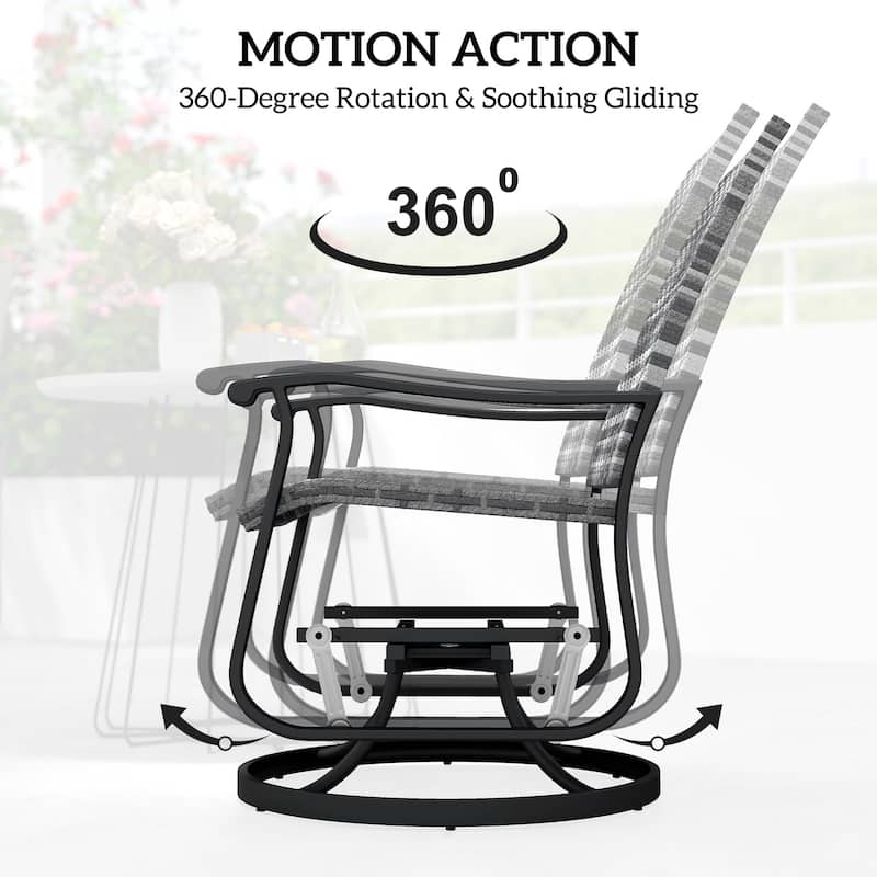 Set of 2 Rattan Gliding Chairs Swivel and Glide Indoor Outdoor Patio Garden with High Back and Steel Frame