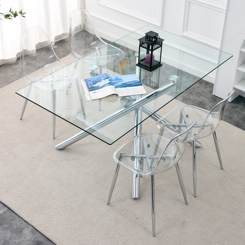 Roomfitters Transparent Plastic Dining Chairs with Silver Metal Legs, Armless Crystal Style Makeup or Office Set of 6