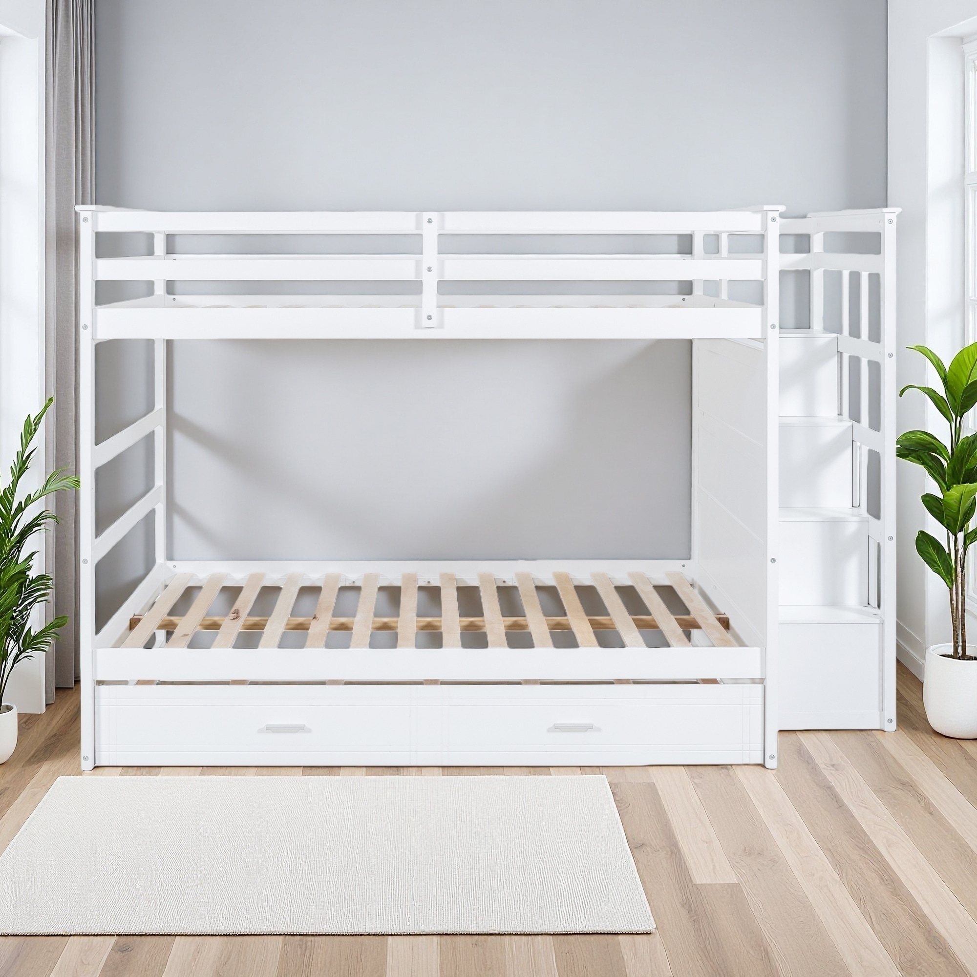 Full over Full Wood Bunk Bed with Twin Trundle & 4 Storage Drawers