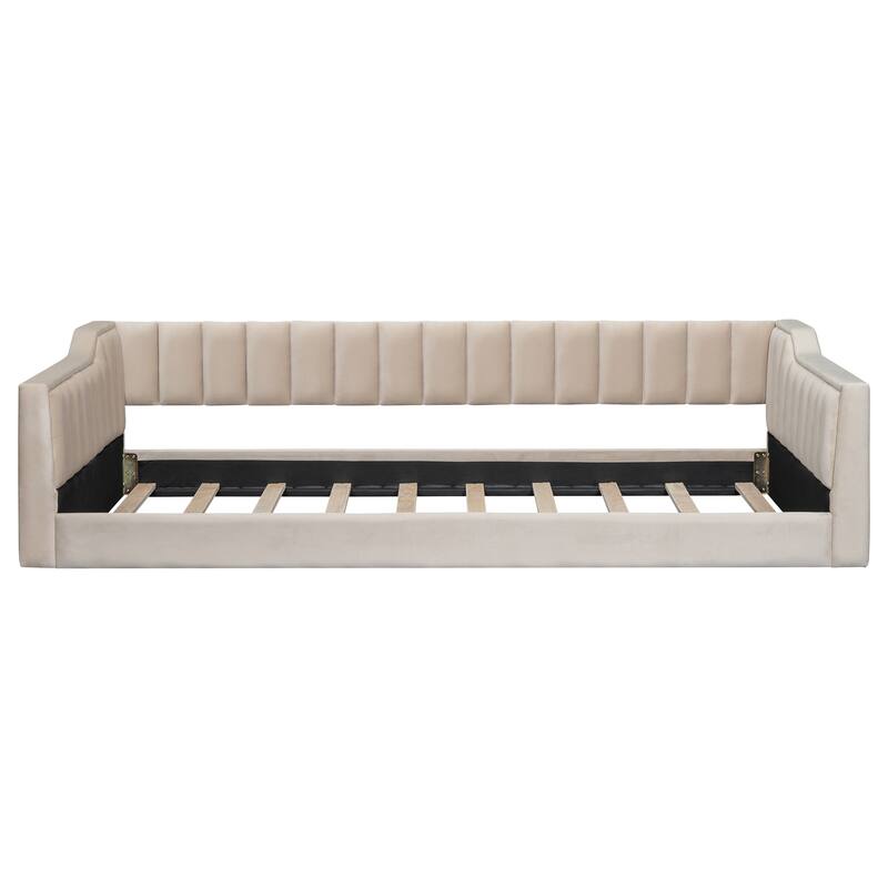 Upholstered Daybed with Sloped Arms and Side Pocket, Vertical Stripes Grounded Daybed with Wood Slat Support, Velvet Fabric