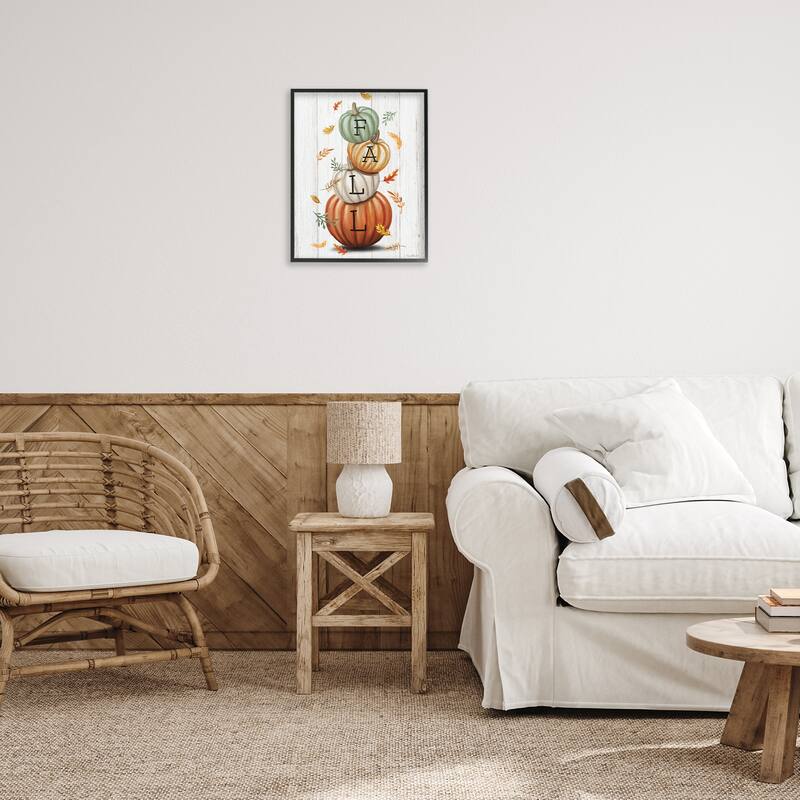 Stupell Falling Leaves & Pumpkin Stack Framed Giclee Art Design By Elizabeth Tyndall