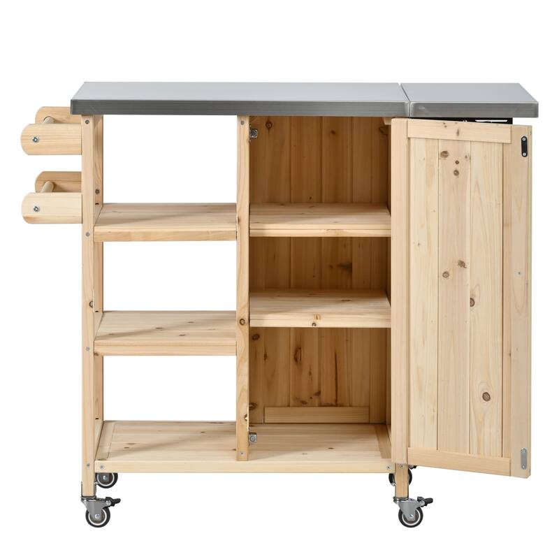 Foldable Outdoor Kitchen Island Cart with Lockable Wheels and Storage Cabinet