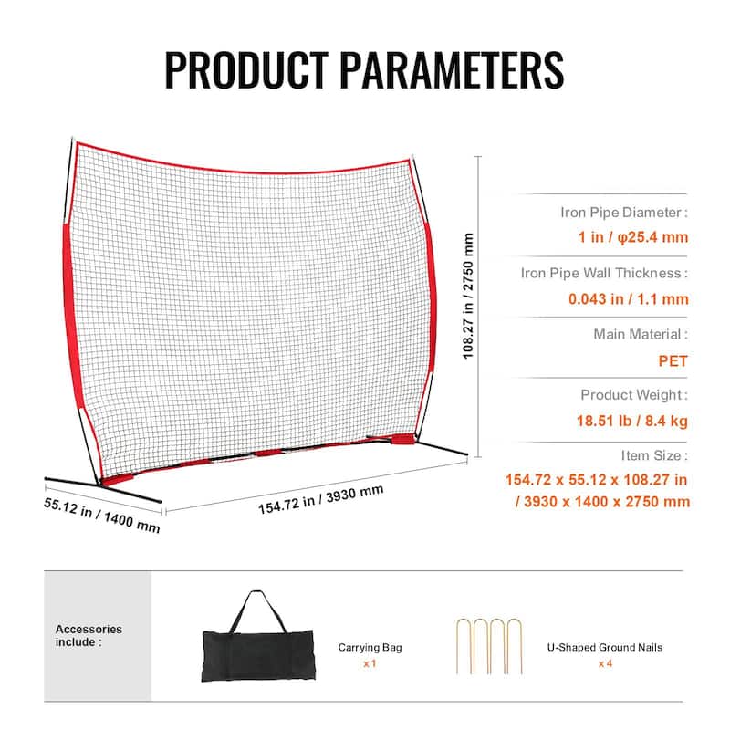 12 x 9 Feet Portable Compact Barricade Backstop Netting with Steel Pipe Frame and Carry Bag