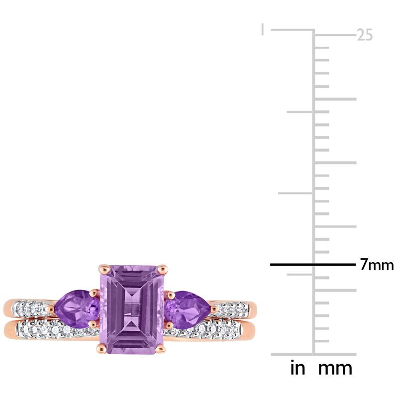 Miadora 10k Rose Gold Rose de France African Amethyst & 1/10ct TDW Diamond 3-Stone Bridal Ring Set