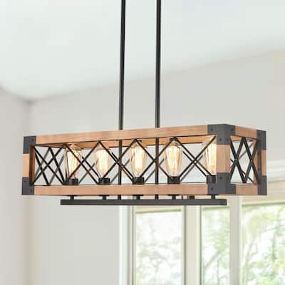 Farmhouse 5-light Rectangular Wooden Chandelier For Kitchen Island