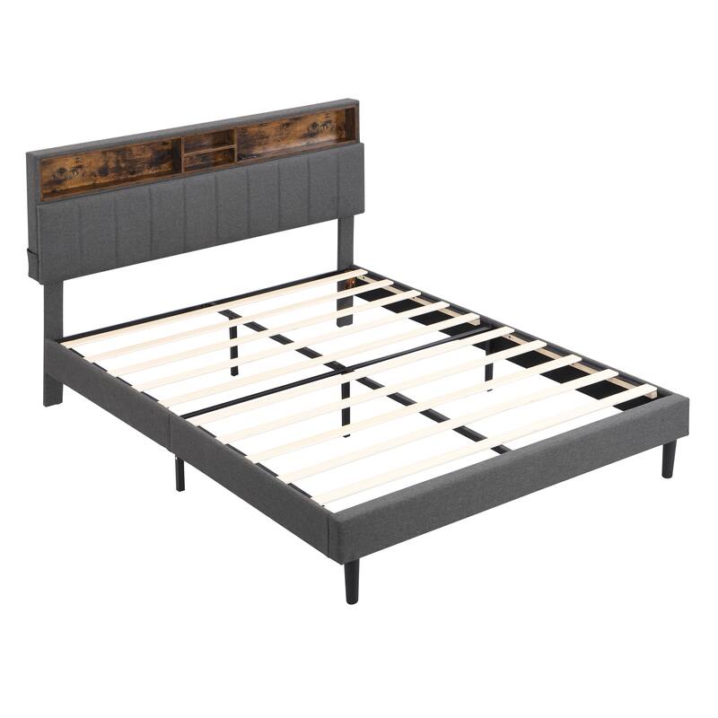 Queen Size Linen Upholstered Platform Bed with Storage Headboard & USB