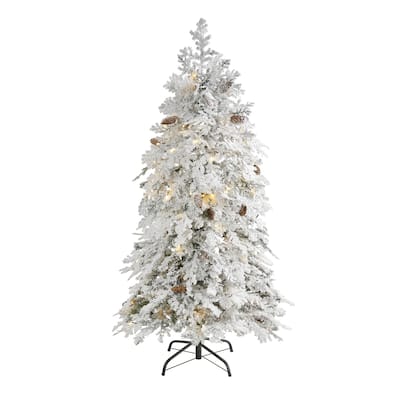 5ft. Flocked Spruce Artificial Christmas Tree with 100 Clear LED Lights - Snow-Kissed Seasonal Holiday X-Mas Tree
