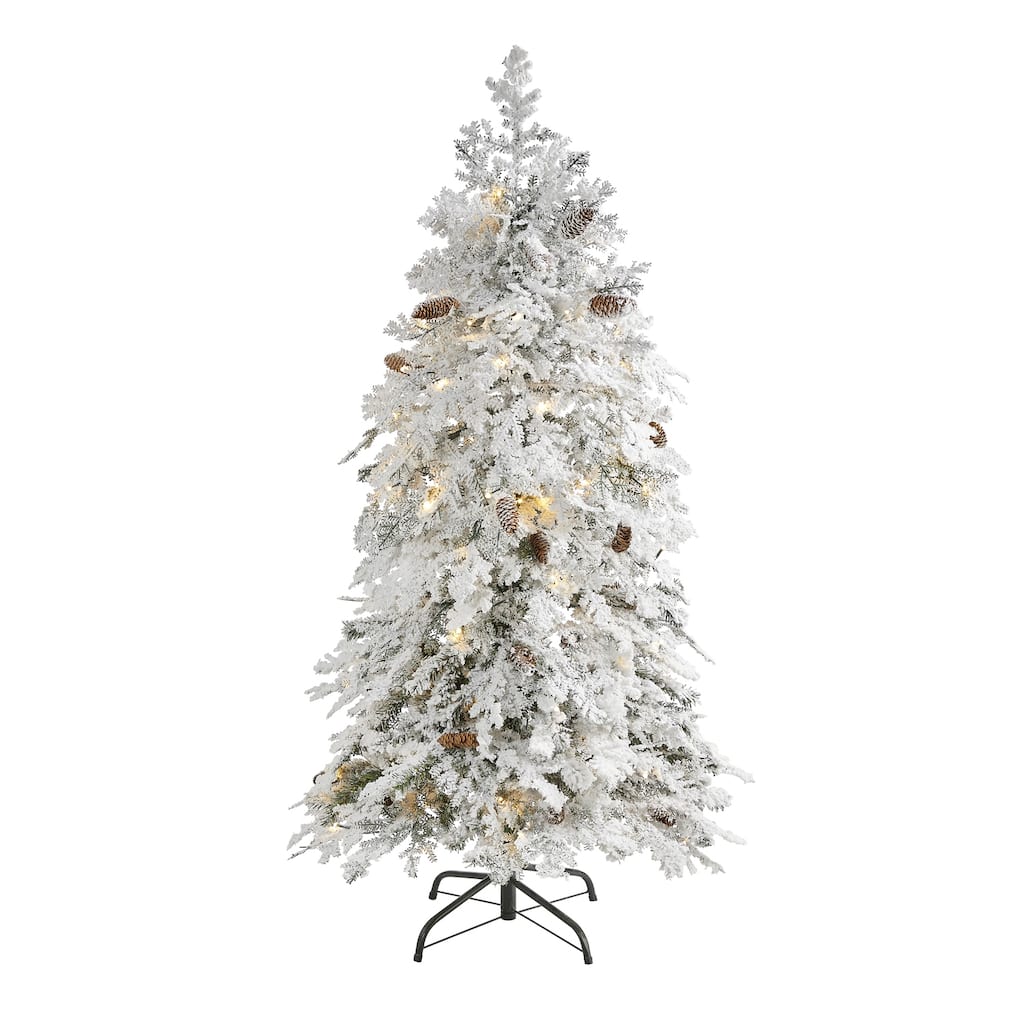 5ft. Flocked Spruce Artificial Christmas Tree with 100 Clear LED Lights - Snow-Kissed Seasonal Holiday X-Mas Tree