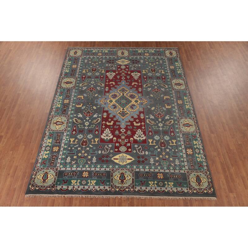 Geometric Grey Kazak Area Rug Handmade Wool Carpet - 8'9"x 11'7"