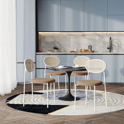 LeisureMod Euston Set of 4 Velvet Modern Dining Chair - Wicker Back Accent Chair for Home Living Room & Kitchen
