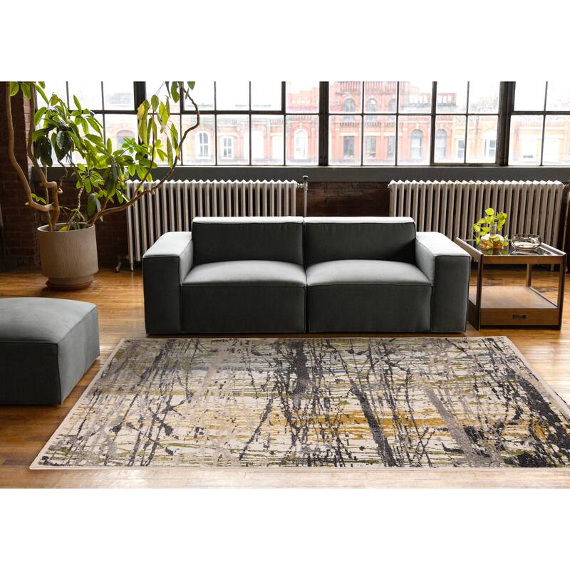 Blue Yellow Green Grey Paint Splatter Abstract Area Rug