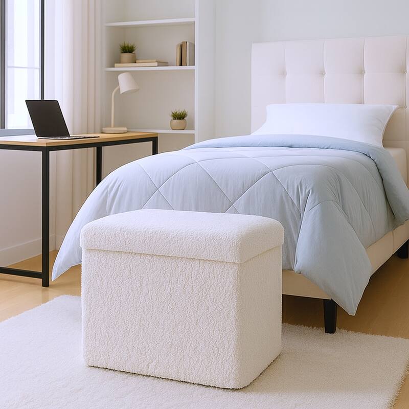 HomeRoots 15" White Boucle Cube Storage Ottoman - White