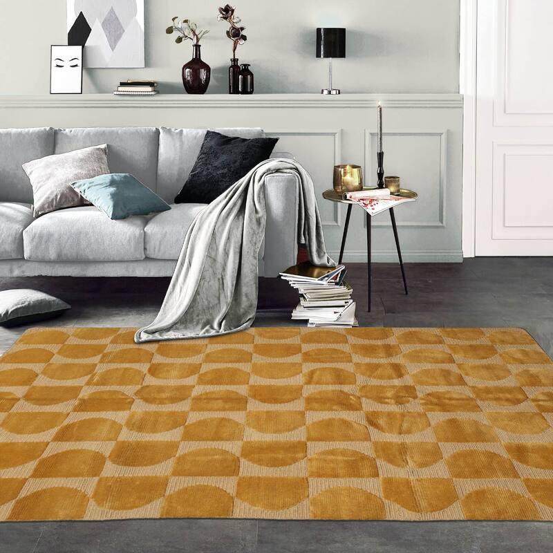 Hand Knotted Tone on Tone Gold, Tibetan Wool Modern Oriental Area Rug - 5' x 8'