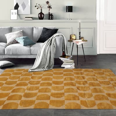 Hand Knotted Tone on Tone Gold, Tibetan Wool Modern Oriental Area Rug - 5' x 8'
