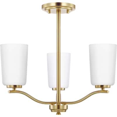 Adley Collection Three-Light Satin Brass Etched White Glass New Traditional Semi-Flush Convertible Light