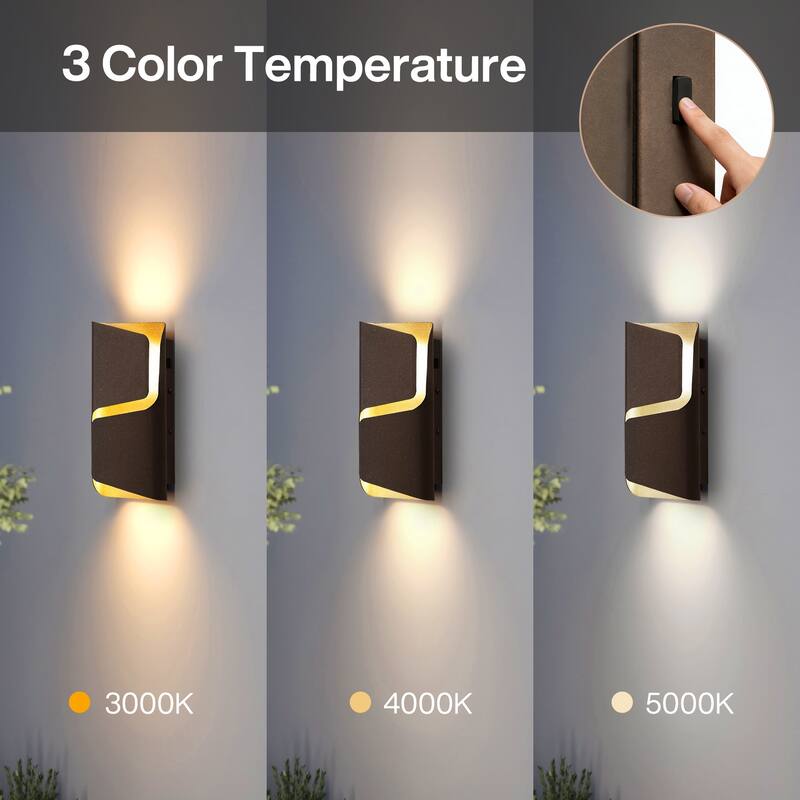 2-Pack Modern LED Outdoor Wall Sconce, 3CCT, IP44 Waterproof - 6.3'' W × 2.8'' D × 12'' H