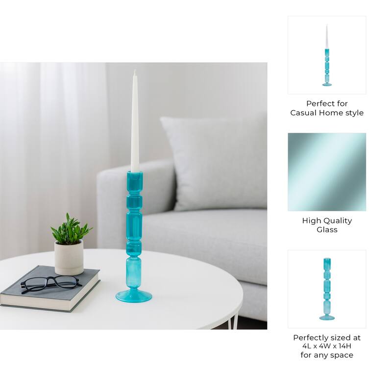 Glass Stacked Mix Bubble Taper Candle Holder - Blue