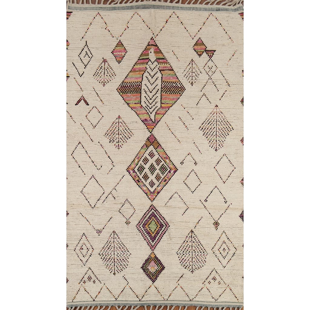 Ivory Moroccan Oriental Area Rug Handmade Tribal Wool Carpet - 5'0"x 8'8"