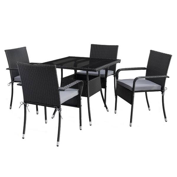 slide 1 of 5, CorLiving Parksville Square Patio Dining Set- Stackable Chairs - Black Finish/Ash Grey Cushions 5pc