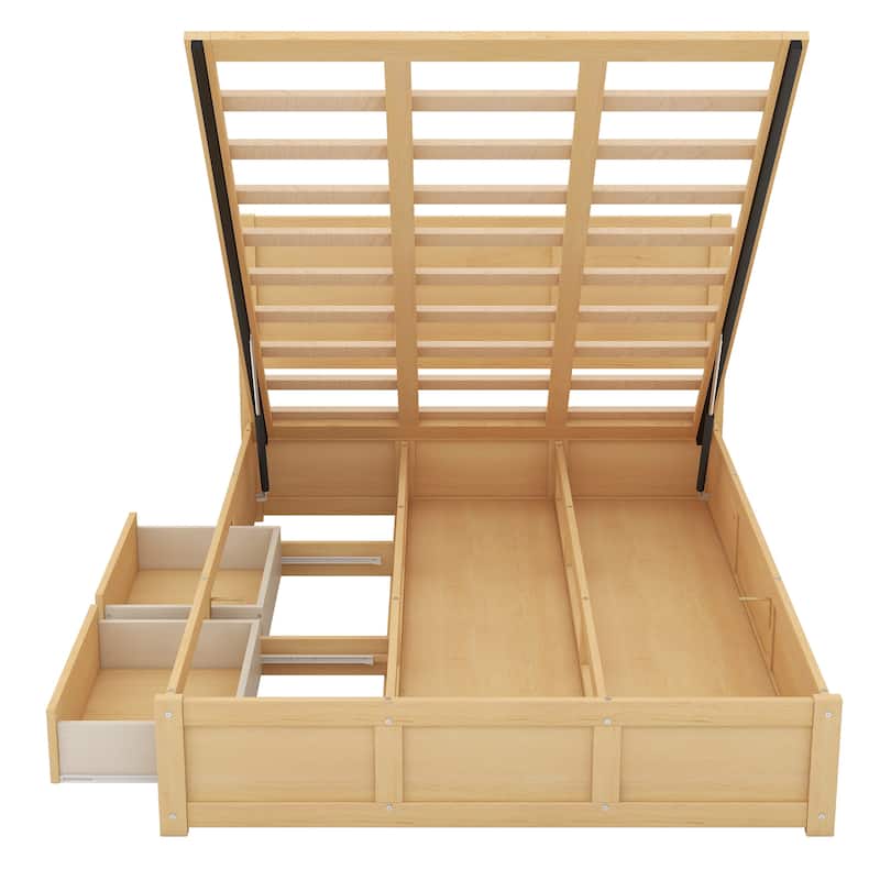 Queen/Full Wood Platform Bed Frame with Underneath Storage and Drawers, Pine Wood and MDF Construction, Easy Assembly