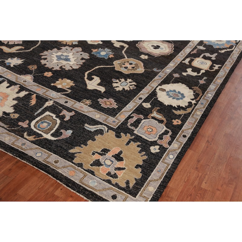Hand Knotted Oriental 100% Wool Carpet Transitional All-Over Black Oushak Area Rug - 12' 5'' X 9' 0''