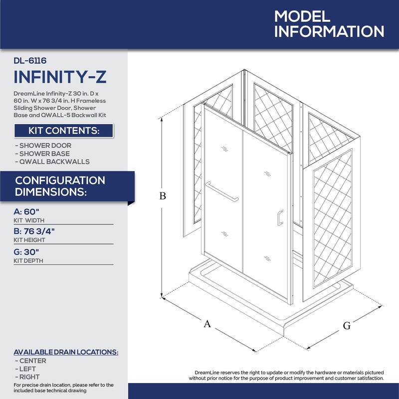 DreamLine Infinity-Z 30 in. D x 60 in. W x 76 3/4 in. H Sliding Shower Door, Shower Base and Backwall Kit