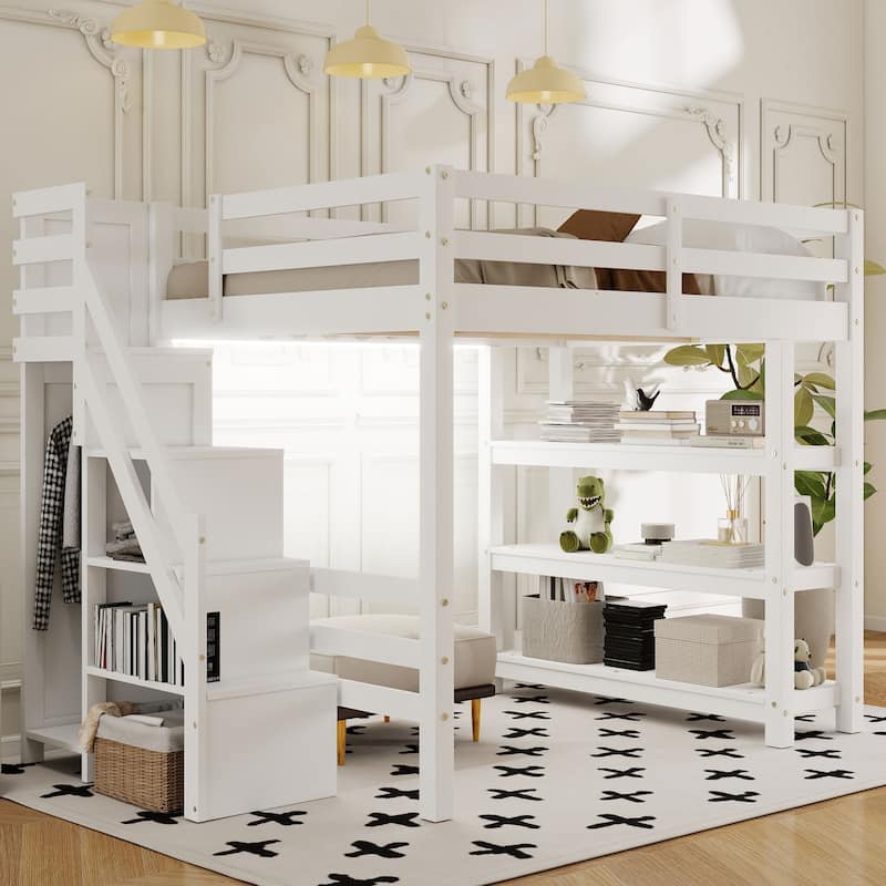 3-Tier Shelves Loft Bed White Wood Bed Frame with Storage Staircase and Safety Guardrail, Bright LED Lights Underneath