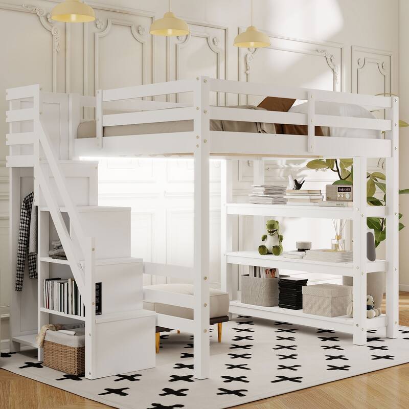 Twin/Full Size LED Loft Bed with Storage Staircase and Wardrobe, Solid Pine Wood High Loftbed Frame with 4 Layer Storage Shelves