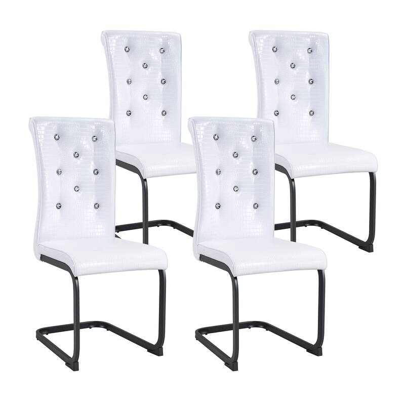 Set of 4, Retro Faux Alligator Skin Upholstered Dining Chairs, with Crystal Buckle Design and Faux Leather Design
