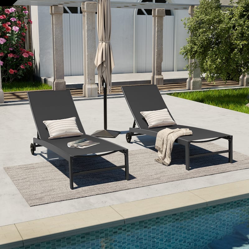 VredHom Outdoor Patio Aluminum Adjustable Chaise lounge Chairs with Wheels - Black-2PC
