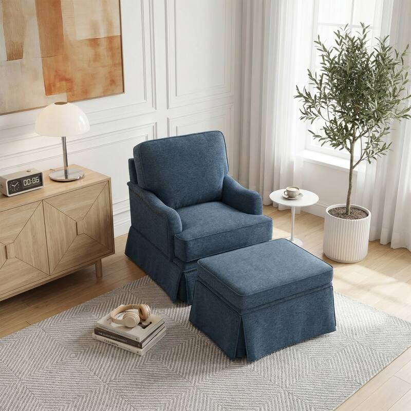 Modern Chenille Swivel Armchair and Storage Ottoman