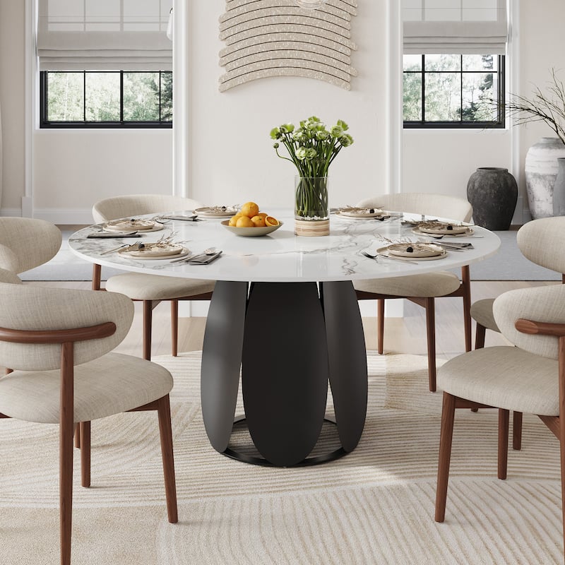 59" Modern Round Dining Table for 6,White Glossy Sintered Stone Table top, Black Carbon Steel Base - 59.06" - 59.06"