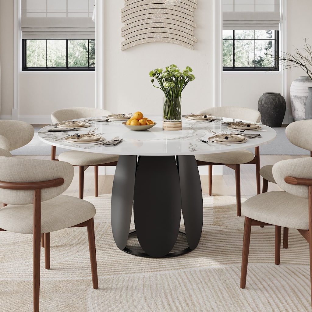 59" Modern Round Dining Table for 6,White Glossy Sintered Stone Table top, Black Carbon Steel Base - 59.06"