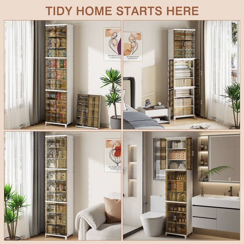 VECELO 2/3-Tier Plastic Storage Cabinet with Transparent Tea-Colored Doors Quick No-Tools Assembly Multi-Purpose Organization