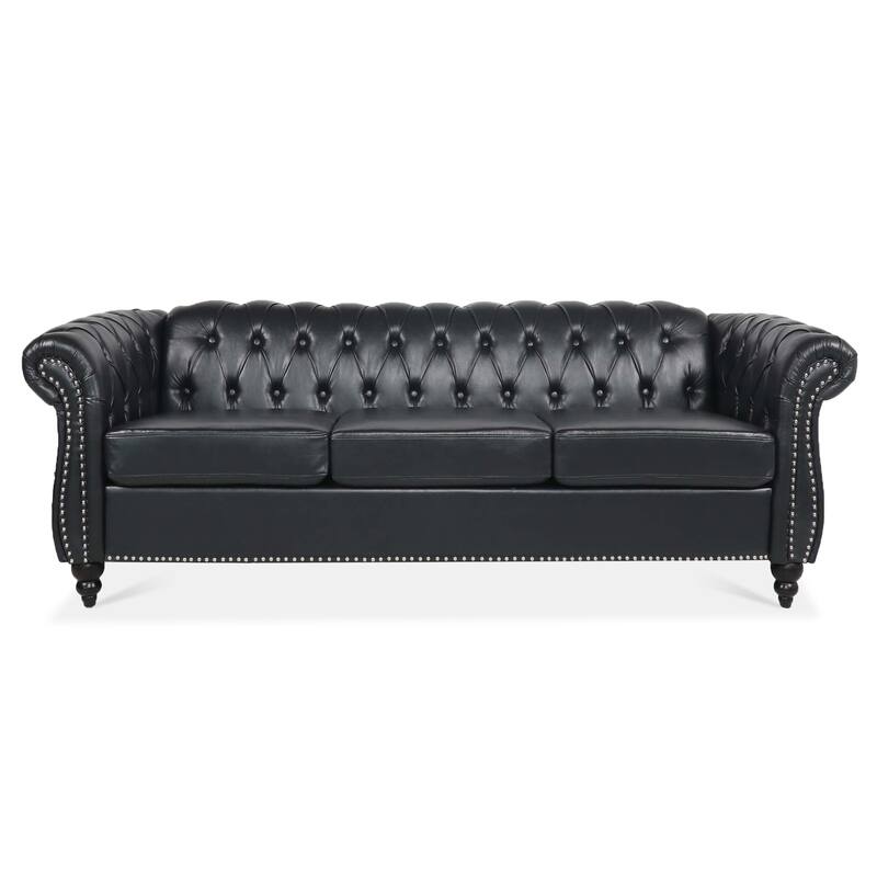 Faux Leather Rolled Arm Chesterfield Three Seater Sofa