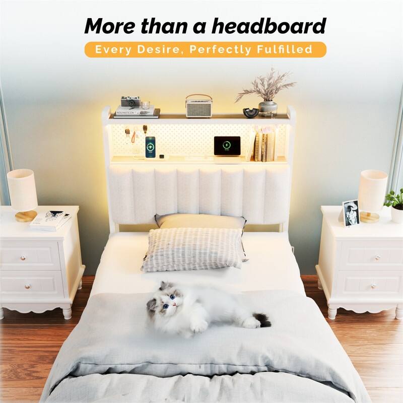 Adjustable Upholstered Headboard with 2 Tier Shelves with Charging Stations and LED Lights, Modern Bed Headboard with Storage