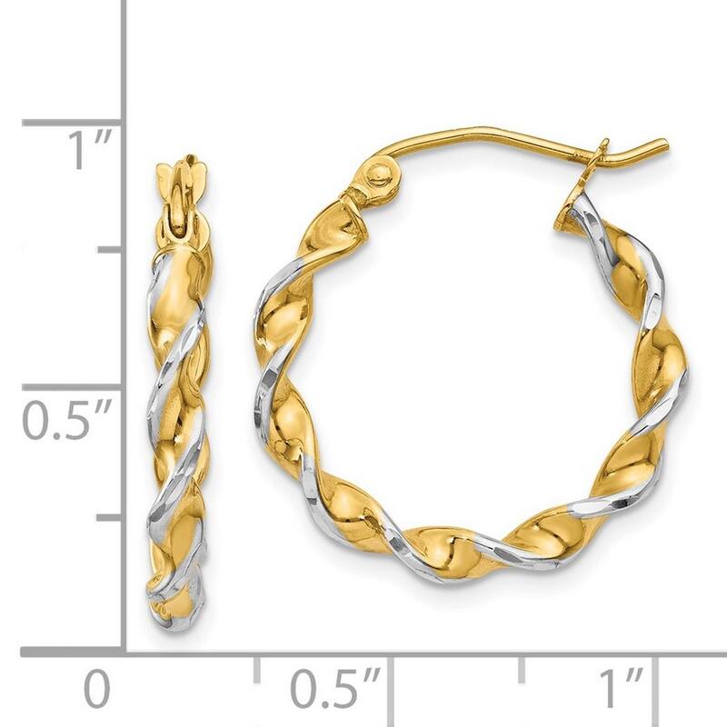 Curata 14k Yellow Gold and Rhodium Fancy Polished 20x2.75mm Twisted Hoop Earrings